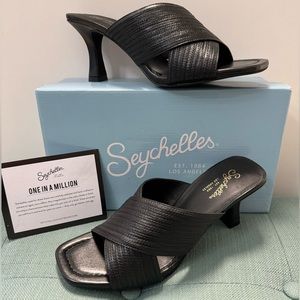 Seychelles 9 Women's Heeled Sandal Black Slip On Cross Strap Leather Open Toe